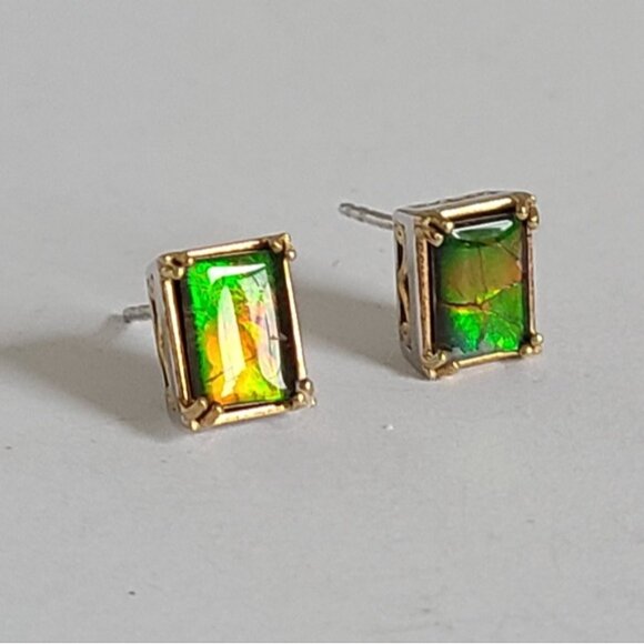 Gems En Vogue Palladium Silver Gold Plate Ammolite Gemstone Square Stud Earrings - Picture 3 of 14